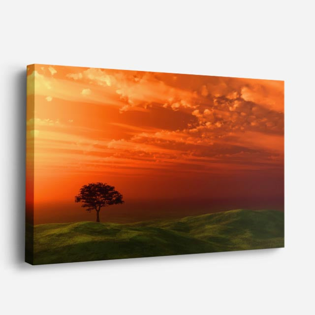 cuadro canvas cielo y noche árbol solitario atardecer rojo horizontal