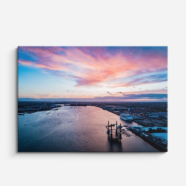 cuadro canvas cielo y noche muelle atardecer reflejos teal horizontal