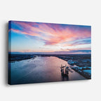 cuadro canvas cielo y noche muelle atardecer reflejos teal horizontal