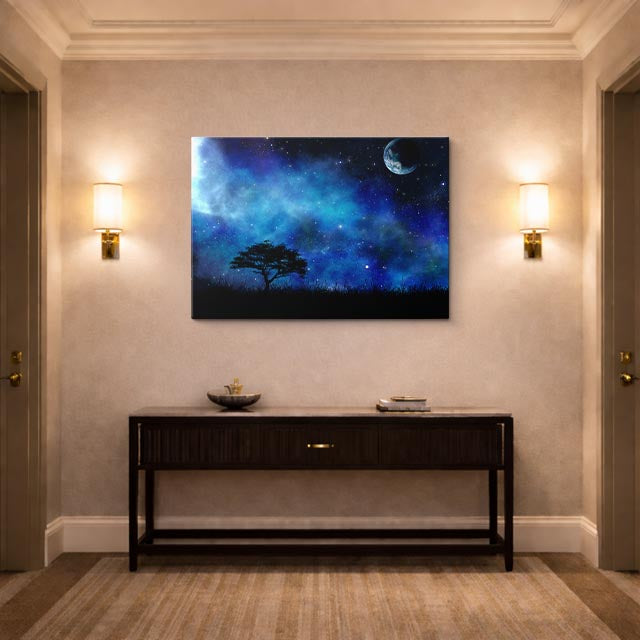 cuadro canvas cielo y noche árbol cielo galaxia luna llena horizontal