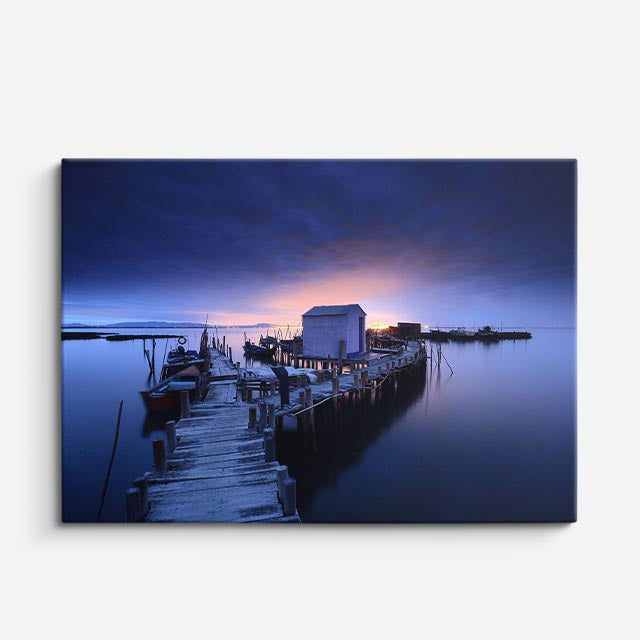 cuadro canvas cielo y noche muelle nocturno lago azul horizontal