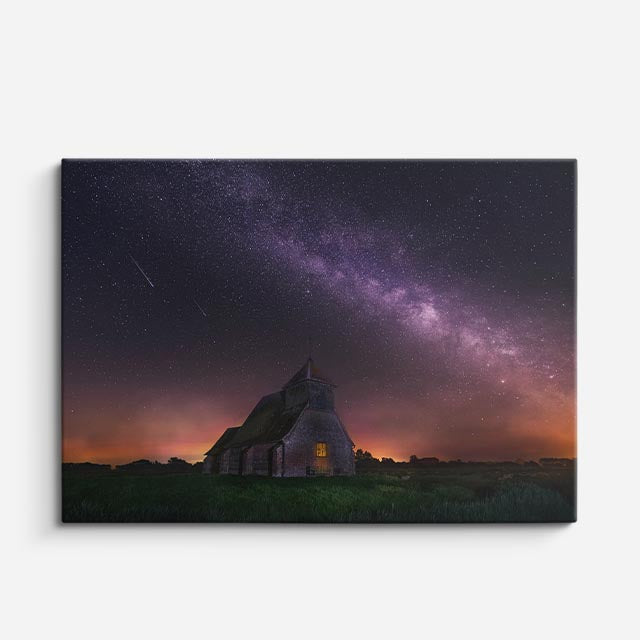 cuadro canvas cielo y noche vía láctea iglesia nocturna horizontal