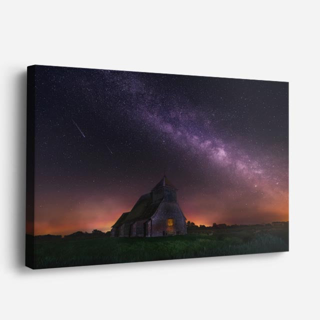 cuadro canvas cielo y noche vía láctea iglesia nocturna horizontal