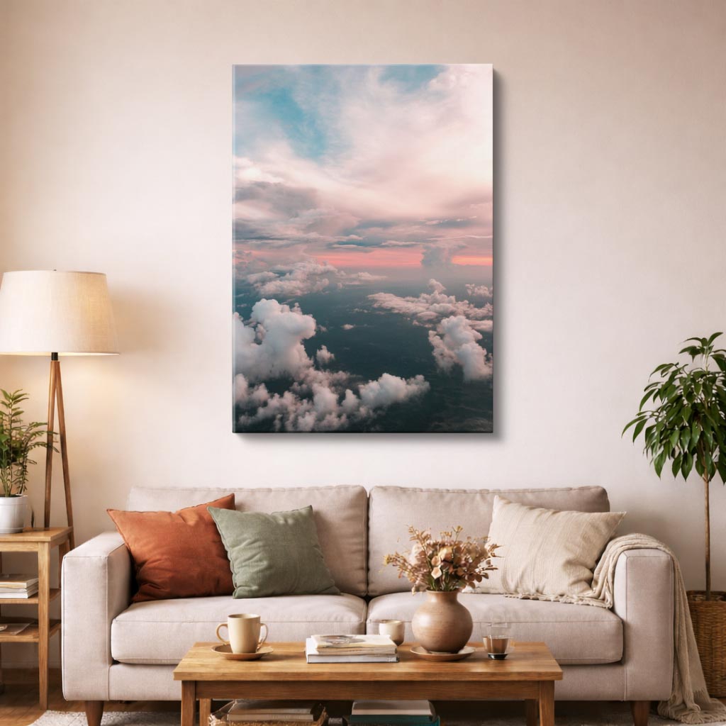 cuadro canvas cielo y noche nubes rosa cielo teal suave vertical