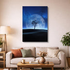 cuadro canvas cielo y noche árbol solitario luna gigante vertical