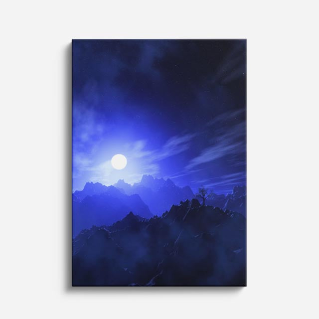 cuadro canvas cielo y noche luna azul rayos dramáticos vertical
