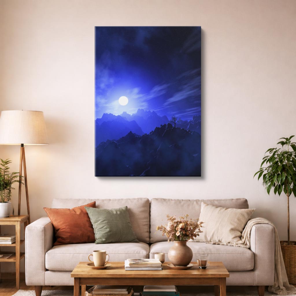 cuadro canvas cielo y noche luna azul rayos dramáticos vertical