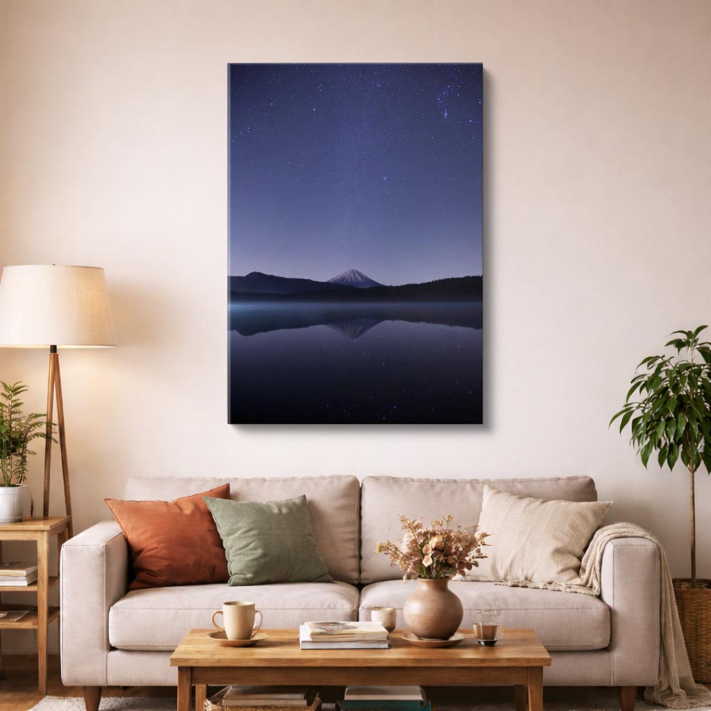 cuadro canvas cielo y noche monte fuji luna lago espejo vertical