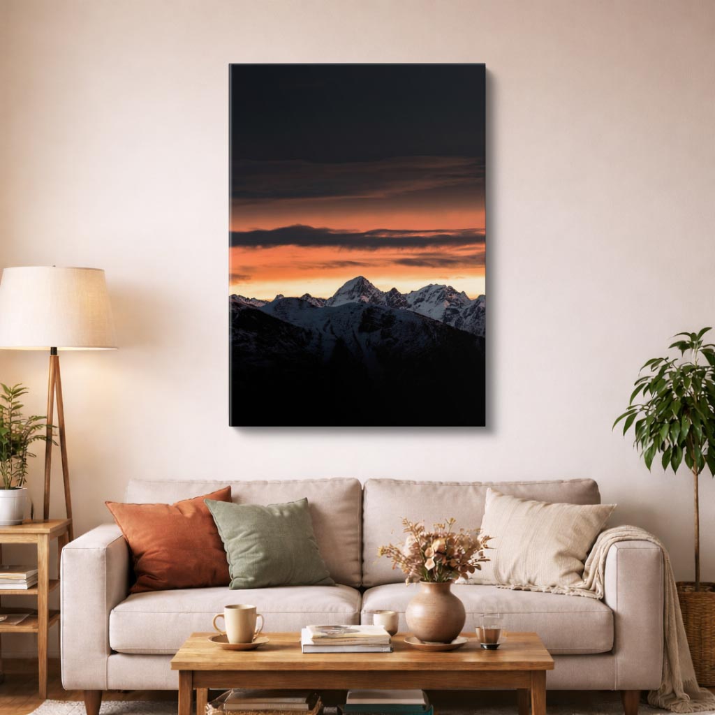 cuadro canvas cielo y noche montañas nevadas atardecer rojo vertical
