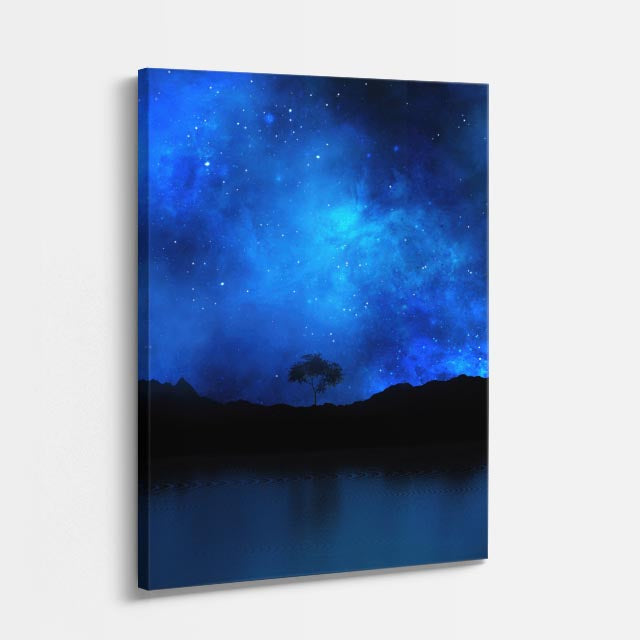 cuadro canvas cielo y noche galaxia azul árbol nocturno vertical