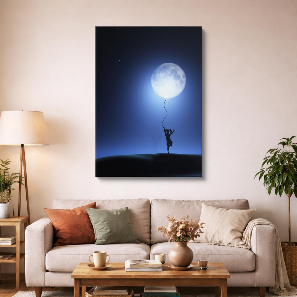 cuadro canvas cielo y noche niña con globo luna azul vertical