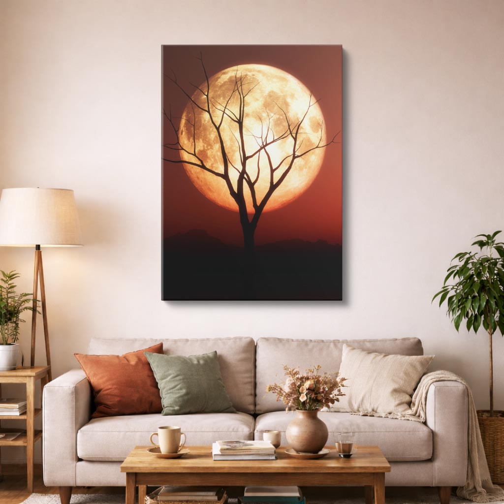 cuadro canvas cielo y noche árbol seco luna roja dramática vertical