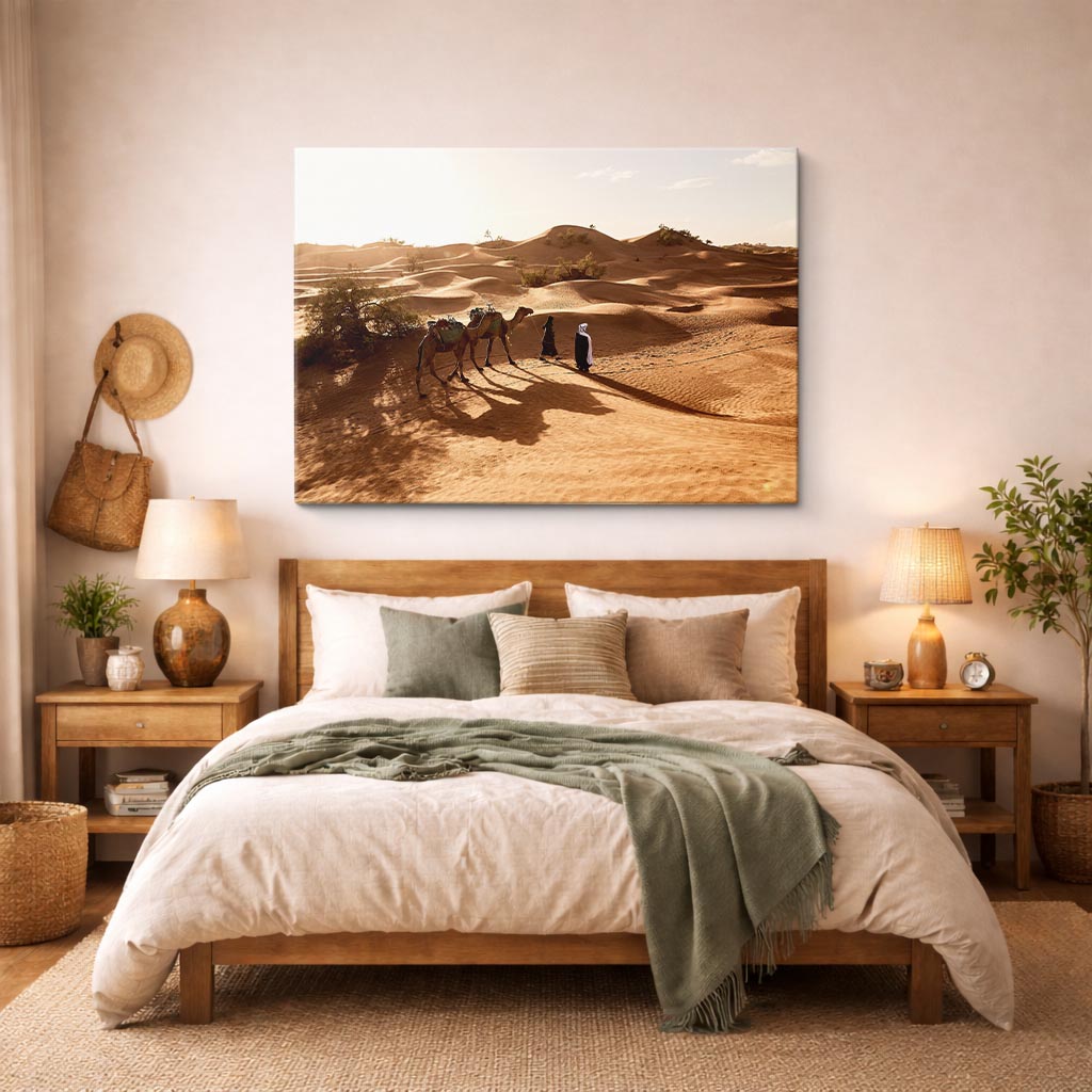 cuadro canvas desierto camellos dunas luz dorada horizontal