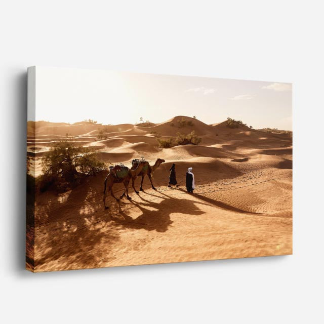 cuadro canvas desierto camellos dunas luz dorada horizontal