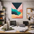 cuadro canvas paisajes digitales sol rosa teal geométrico vertical
