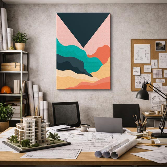 cuadro canvas paisajes digitales sol rosa teal geométrico vertical