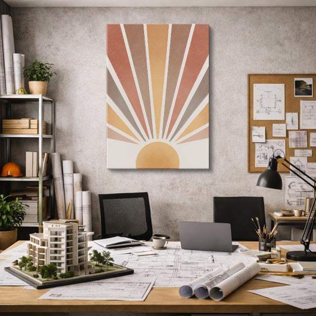 cuadro canvas paisajes digitales sol naranja ondas mínimas vertical