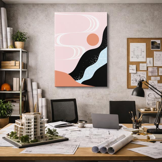 cuadro canvas paisajes digitales ola negra fondo rosa claro vertical