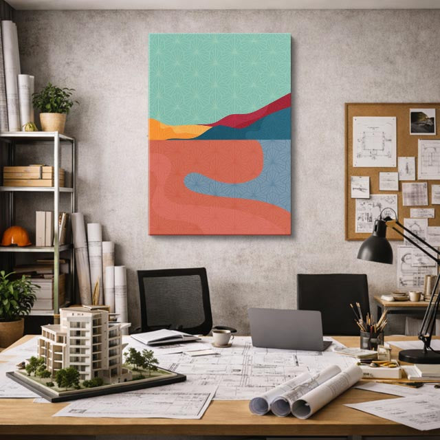 cuadro canvas paisajes digitales colinas teal río rojo vertical