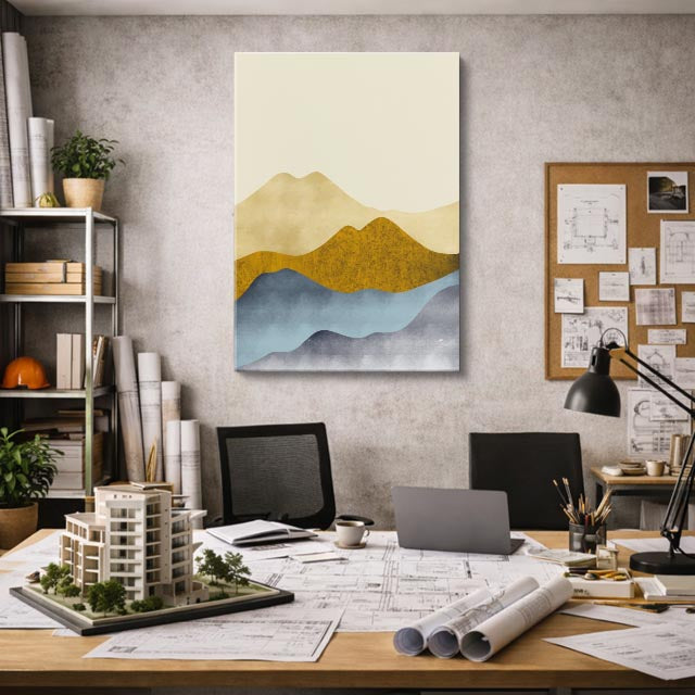 cuadro canvas paisajes digitales montañas doradas sol teal vertical