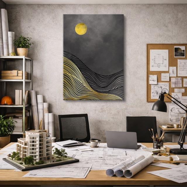 cuadro canvas paisajes digitales montañas oscuras líneas doradas vertical