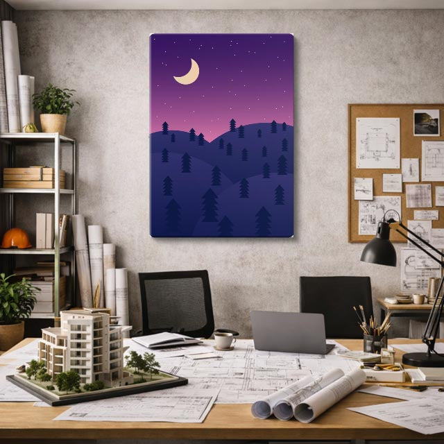 cuadro canvas paisajes digitales bosque morado luna creciente vertical