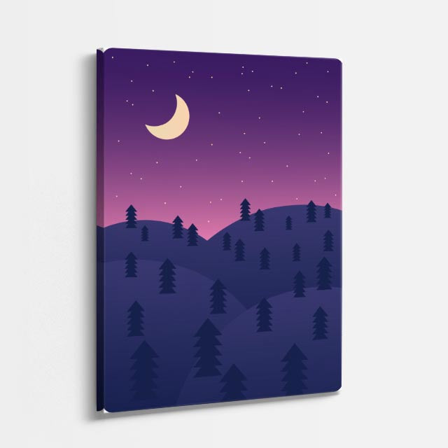 cuadro canvas paisajes digitales bosque morado luna creciente vertical