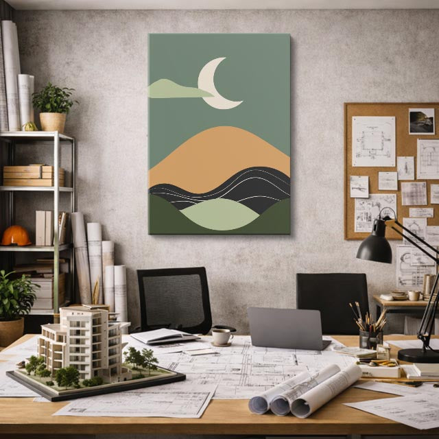 cuadro canvas paisajes digitales colinas verde musgo luna gris vertical