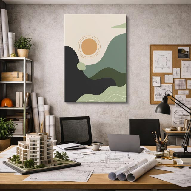 cuadro canvas paisajes digitales colinas verde musgo sol beige vertical