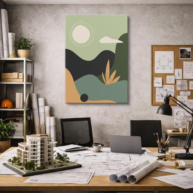 cuadro canvas paisajes digitales colinas verde agave sol beige vertical