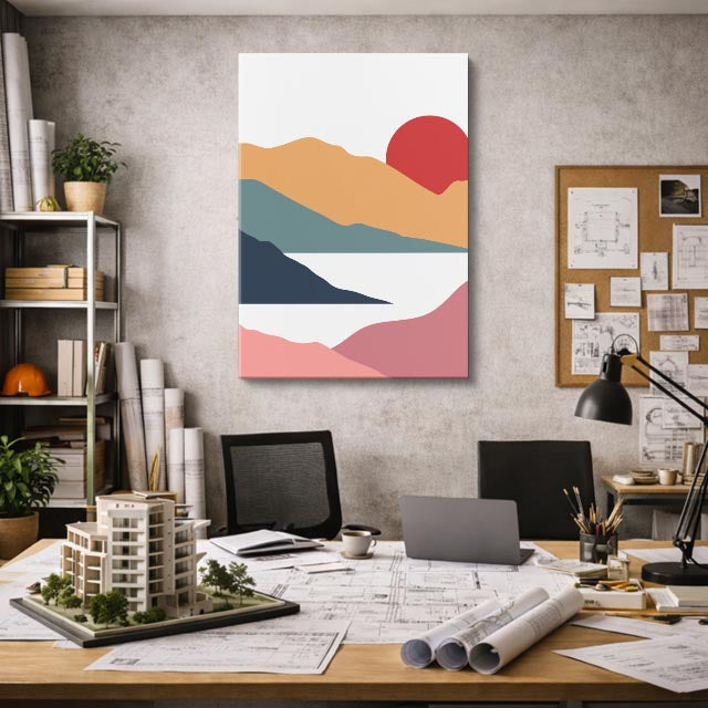 cuadro canvas paisajes digitales montañas beige lago sol rojo vertical