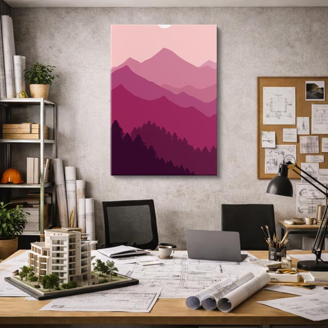 cuadro canvas paisajes digitales montañas rosas moradas oscuras vertical