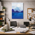 cuadro canvas paisajes digitales río azul entre montañas vertical
