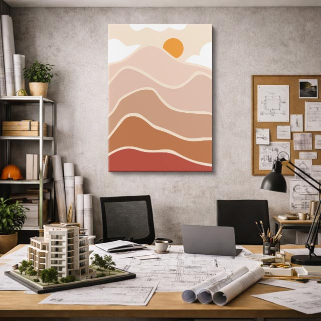 cuadro canvas paisajes digitales dunas beige sol naranja suave vertical