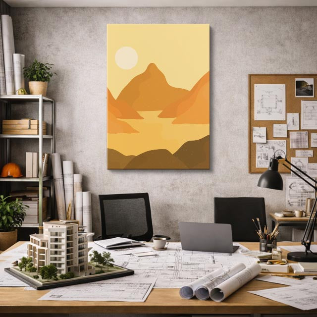 cuadro canvas paisajes digitales montañas doradas sol amarillo vertical