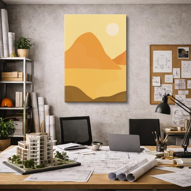 cuadro canvas paisajes digitales montañas amarillas sol naranja vertical