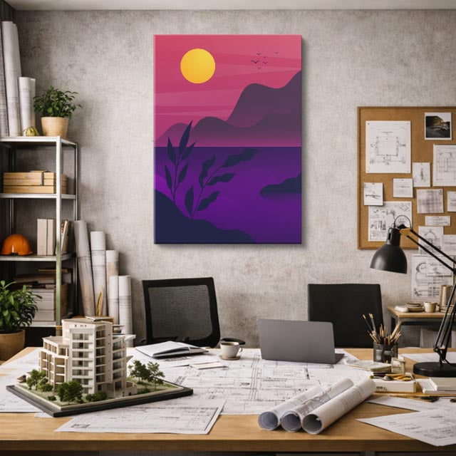 cuadro canvas paisajes digitales lago morado plantas silhouette vertical