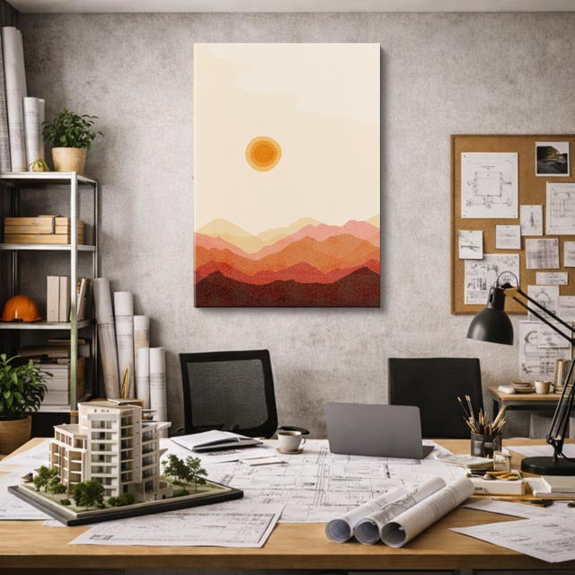 cuadro canvas paisajes digitales montañas teal luna naranja vertical
