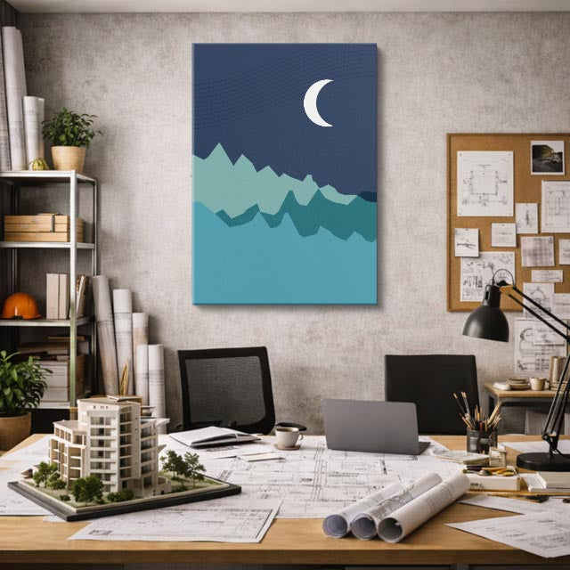 cuadro canvas paisajes digitales montañas verdes luna azul vertical