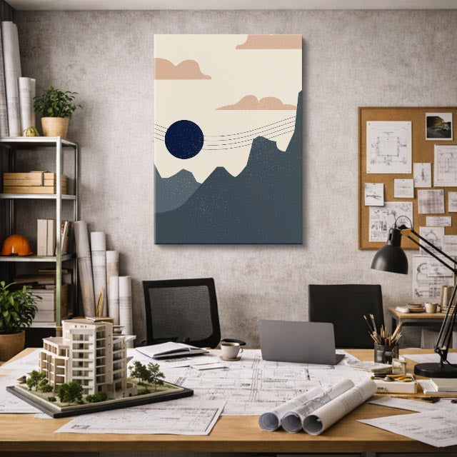 cuadro canvas paisajes digitales montañas gris azul luna oscura vertical