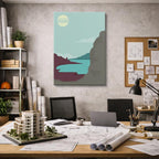 cuadro canvas paisajes digitales montañas café lago teal vertical