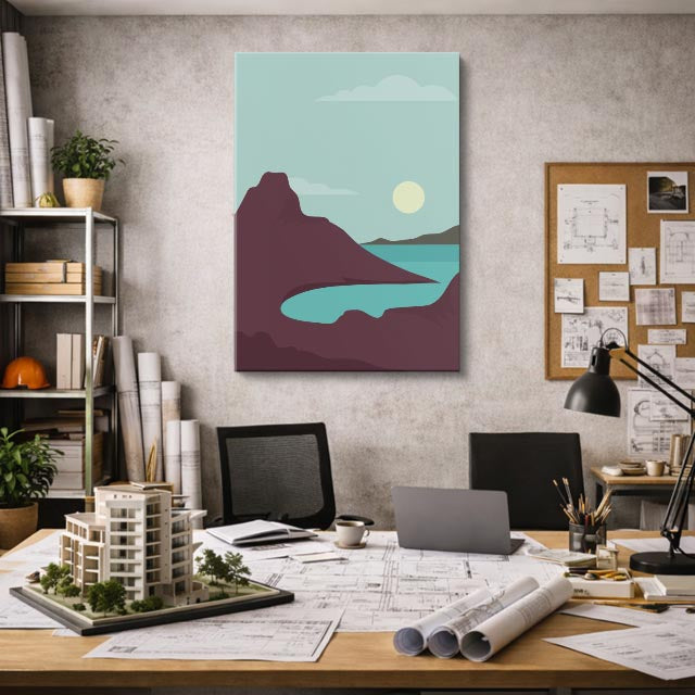 cuadro canvas paisajes digitales montaña oscura lago teal vertical