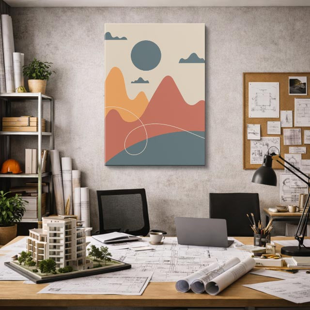 cuadro canvas paisajes digitales montañas naranja esfera gris vertical