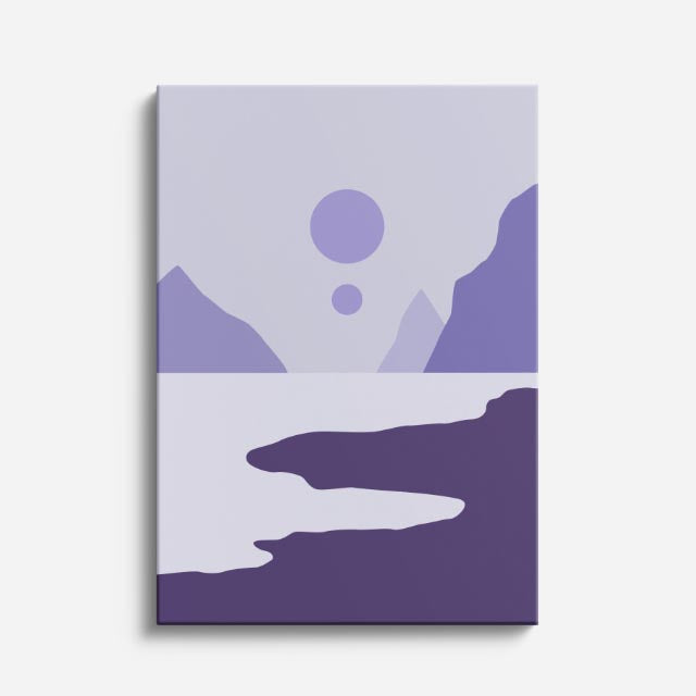 cuadro canvas paisajes digitales montañas moradas río lilas vertical