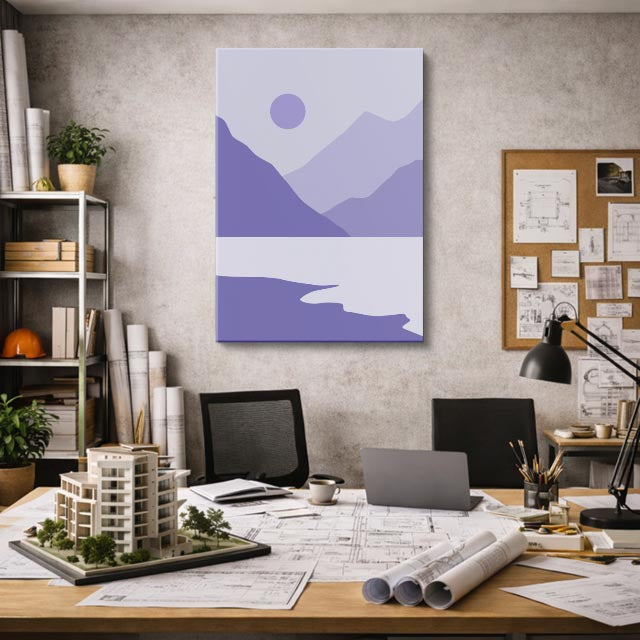 cuadro canvas paisajes digitales montañas lilas globo morado vertical
