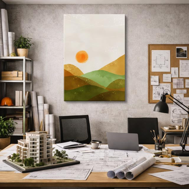cuadro canvas paisajes digitales colinas verdes sol naranja vertical