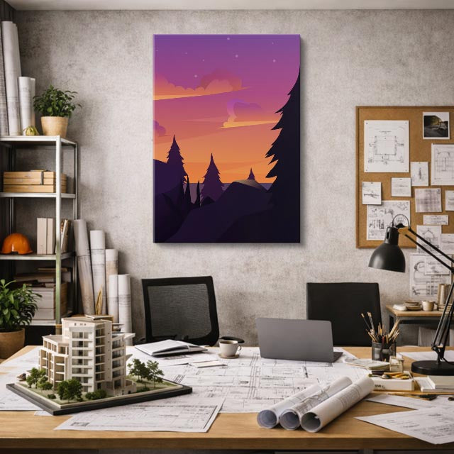 cuadro canvas paisajes digitales pinos morados sol naranja vertical
