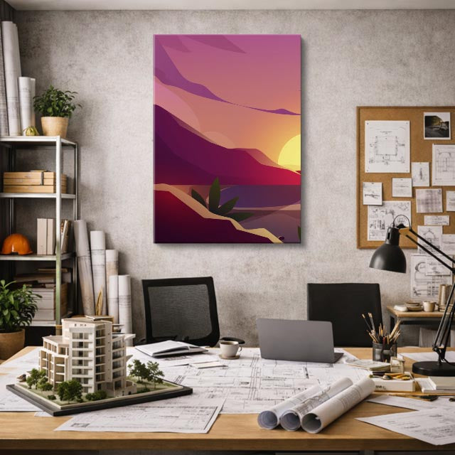 cuadro canvas paisajes digitales montañas moradas sol naranja vertical