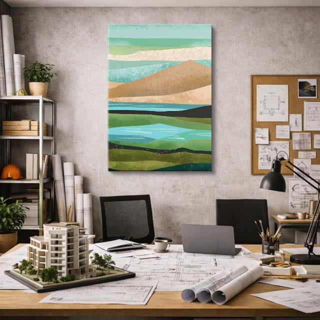 cuadro canvas paisajes digitales dunas verdes teal suaves vertical