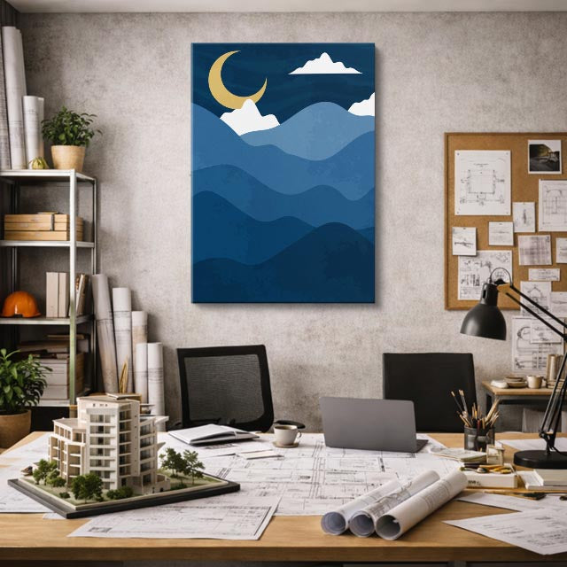cuadro canvas paisajes digitales montañas azules luna nublada vertical